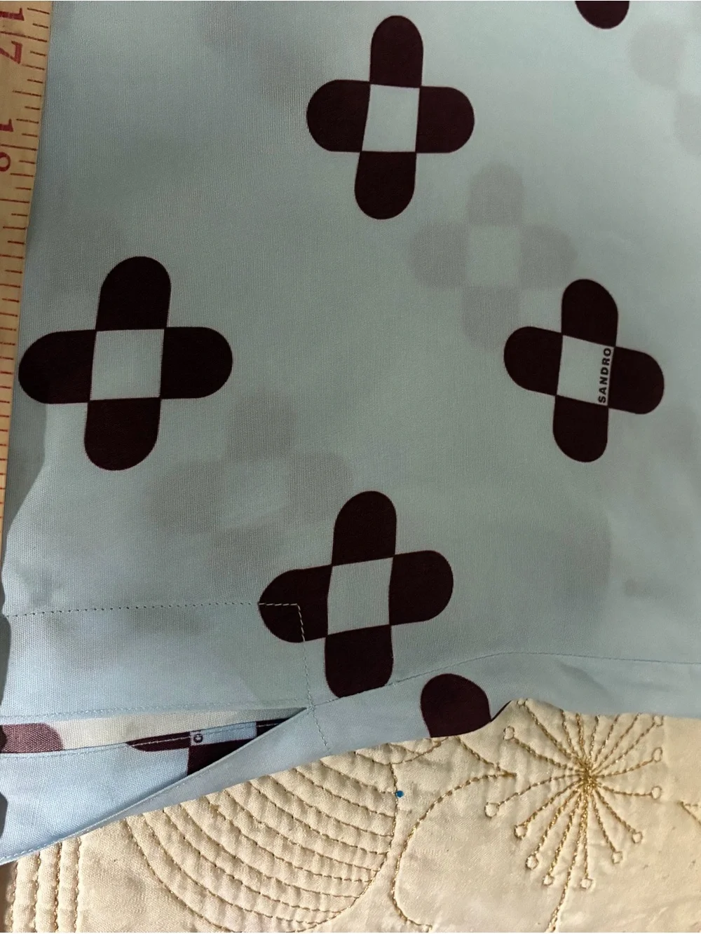 Sandro Light Blue Short-Sleeve Button-Down with Burgundy Geometric Print